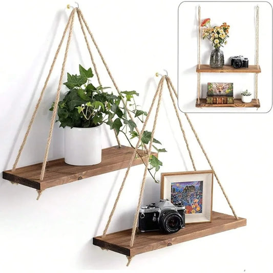 1PC Wooden Swing Hanging Hemp Rope Wall Shelve Mounted Floating